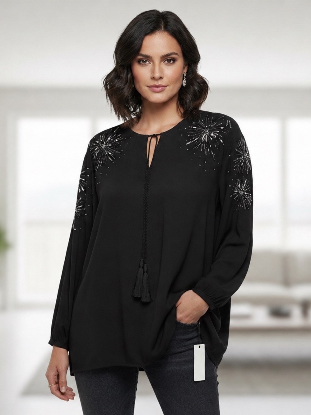 Dex Black Semi Sheer silver star burst sequin blouse long sleeve size 1X tassels